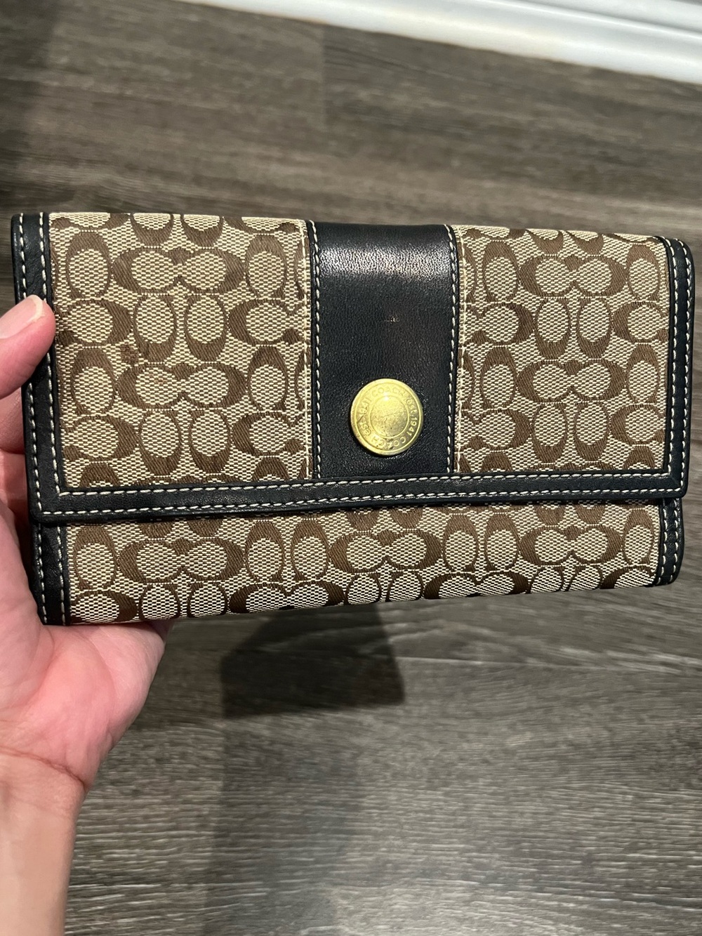 Coach C Signature Monogram Canvas Trifold Wallet with Gold accent